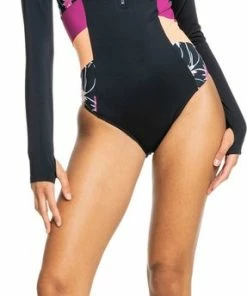 Roxy - UV Badpak Voor Dames - Roxy Active Met Korte Rits - Longsleeve - Floral Flow - Antraciet - Maat XS (34) -lingerie-dames-badmode Winkel 287x840