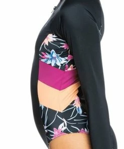 Roxy - UV Badpak Voor Dames - Roxy Active Met Korte Rits - Longsleeve - Floral Flow - Antraciet - Maat XS (34) -lingerie-dames-badmode Winkel 311x840