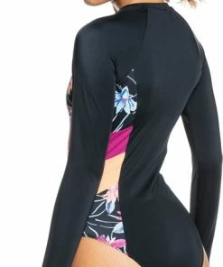 Roxy - UV Badpak Voor Dames - Roxy Active Met Korte Rits - Longsleeve - Floral Flow - Antraciet - Maat XS (34) -lingerie-dames-badmode Winkel 380x840 1