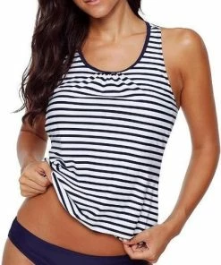 Merkloos Tankini Dames 2-Delig - Blauw Wit Gestreept - Maat XXL/2XL