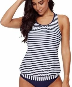 Merkloos Tankini Dames 2-Delig - Blauw Wit Gestreept - Maat XXL/2XL -lingerie-dames-badmode Winkel 497x840