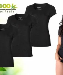 Bamboo Essentials - T Shirt Dames - Ronde Hals - 3 Stuks - Zwart - M - Bamboe Ondershirt - Onderhemd - Dames Shirts Korte Mouw