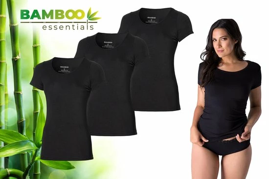 Bamboo Essentials - T Shirt Dames - Ronde Hals - 3 Stuks - Zwart - M - Bamboe Ondershirt - Onderhemd - Dames Shirts Korte Mouw 1 Bamboo Essentials - T Shirt Dames - Ronde Hals - 3 Stuks - Zwart - M - Bamboe Ondershirt - Onderhemd - Dames Shirts Korte Mouw