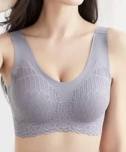 Wow Peach - Bustier - Brallete Lace BH - Voorgevormde BH Zonder Beugel - Lingerie BeHa - Comfy - Fitness - Yoga -PushUp - Filled - Yoga BeHa - Slaap BeHa - Ademend - Naadloos - Kanten BeHa - Lace Bra - Maat S - Grijs