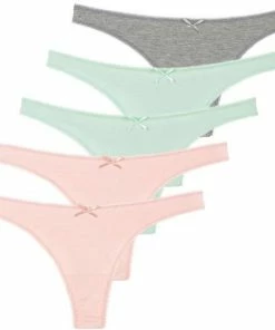 Merkloos 5 Stuks Katoenen Dames Strings - Grijs-Mint-Roze - Maat XL 48/50