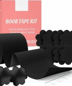 ProductPlanet Premium Boob Tape - Inclusief 2 Silicone Nipple Covers + 4 Satijn Nipple Covers - Plak BH - 7,5 Cm X 5 Meter - Geschikt Voor Cup A Tot En Met F - Fashion Tape - BoobTape - Zwart