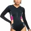 Roxy - UV Badpak Voor Dames - Roxy Active Met Korte Rits - Longsleeve - Floral Flow - Antraciet - Maat XS (34)