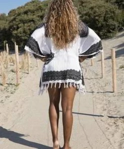 Merkloos Strandtuniek Flower White Black - Onesize - Strandmode - Beach-dress - Sarong Dress